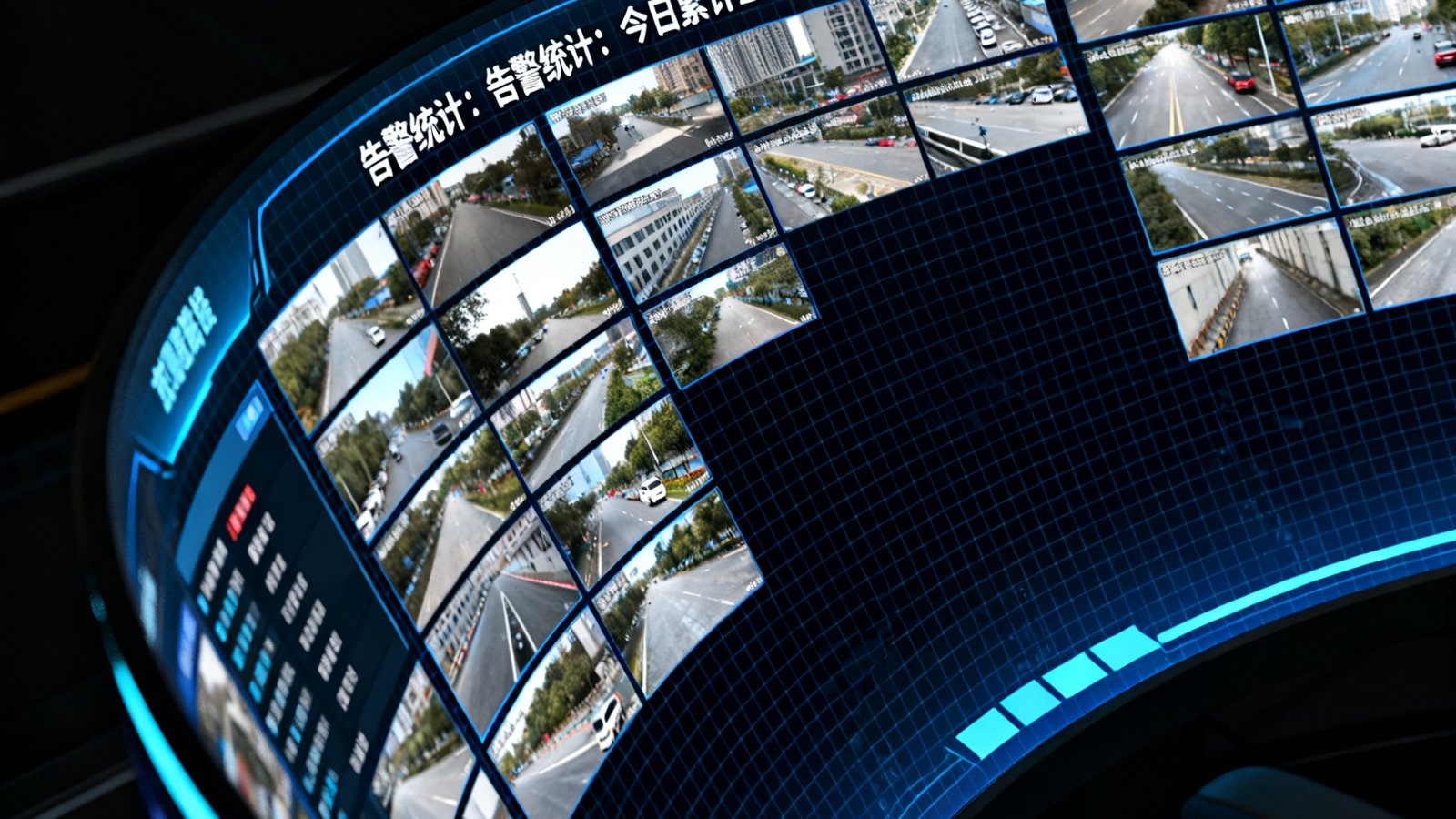 城市级监控平台运行实况，大屏显示全市数千路摄像头实时画面和告警统计