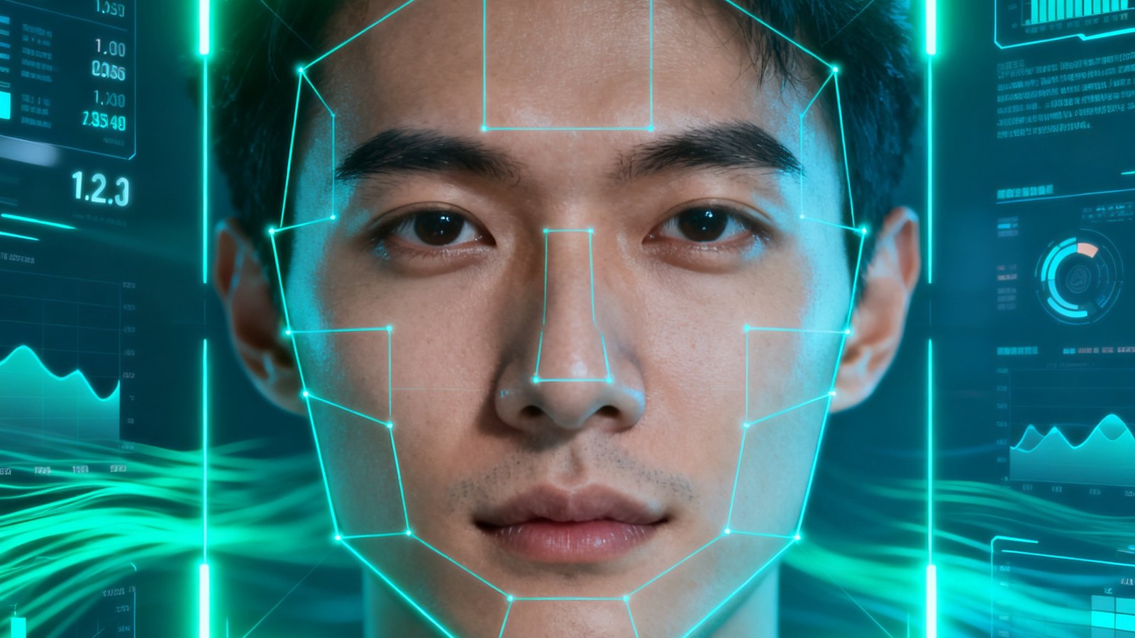 AI人脸识别技术展示画面，显示多角度人脸检测框和实时识别数据